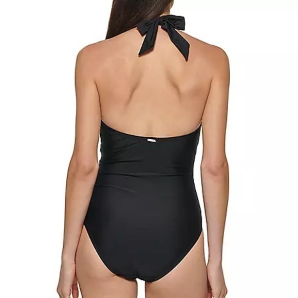 NWT DKNY Womens Black Halter Shirred Halter One Piece Swimsuit - Picture 5 of 6
